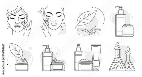 Skincare routine illustration featuring beauty products and facial treatments for healthy skin.