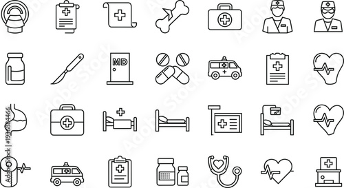 Healthcare medical hospital and treatment outline icon set doctor medicine equipment vector symbols collection
