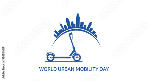 World Urban Mobility Day logo with electric scooter and city skyline.