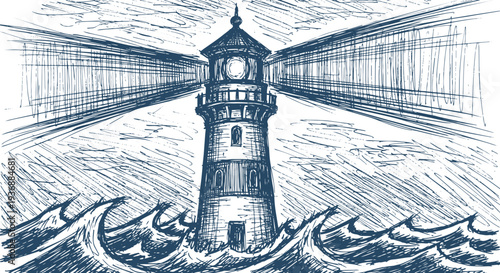 Lighthouse vector illustration stormy sea waves sketch blue drawing symbol