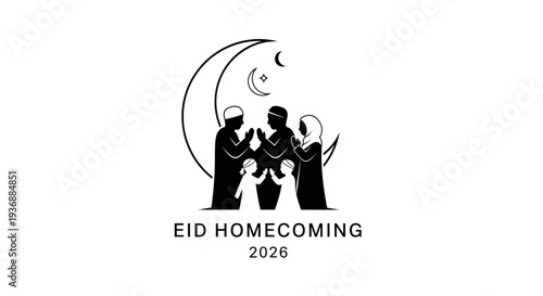 Eid Homecoming 2026 Islamic Illustration with Crescent Moon and Family.