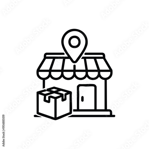 Local warehouse location and parcel delivery black and white vector icon for logistics and shipping services