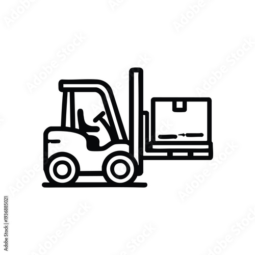 Forklift truck carrying pallet box black and white vector icon for warehouse logistics and industrial storage