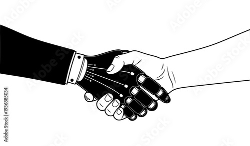 Human and robotic hand handshake silhouette vector AI cooperation technology concept isolated on white background