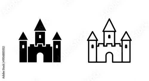 Fairytale Castle Icon with Pointy Towers in Solid and Outline Styles