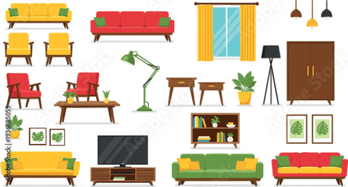 Living Room Furniture Interior Vector Set with Sofa Armchair Table Lamp Cabinet TV Shelf Plants and Modern Home Decor Elements