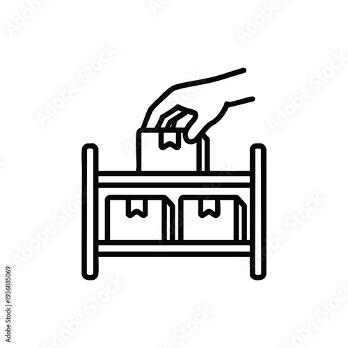 Hand picking box from warehouse shelf black and white vector icon logistics and storage concept