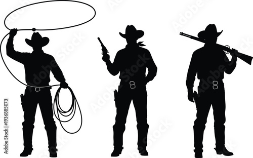 Cowboy silhouette set, western sheriff with lasso revolver rifle isolated black vector illustration collection