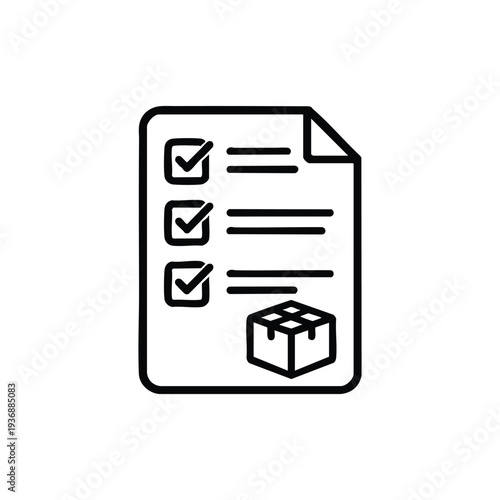 Logistics checklist icon black and white vector warehouse shipping inventory control document with parcel box and completed tasks