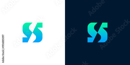 Modern abstract letter S logo design with gradient blue and green colors on white and dark background, versatile and minimalist branding