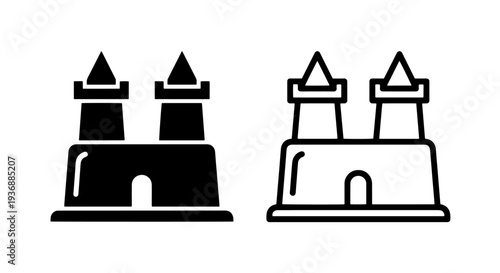 Simple Sandcastle Icon with Twin Towers in Flat Glyph and Outline Vector Designs