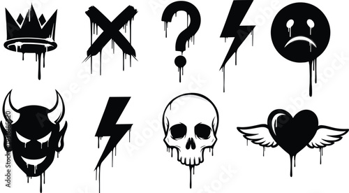 Grunge dripping symbols set, skull devil crown lightning heart graffiti style black vector illustration collection