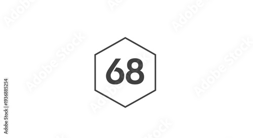 Simple black and white hexagon icon with number sixty eight.