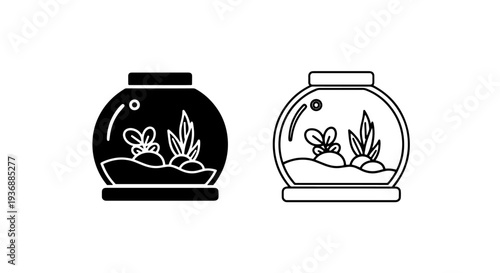 Multiple Plants Terrarium Icon: Mini Ecosystem with Green Flora in a Container