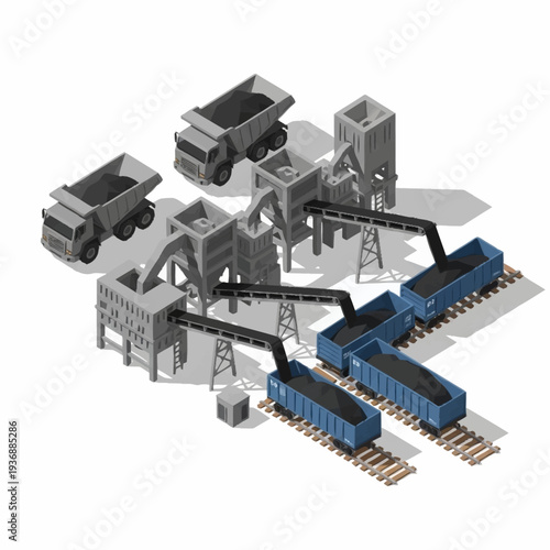Industrial Coal Processing Plant with Trucks and Trains.