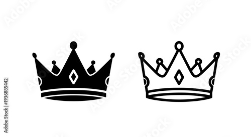 Regal Royal Crown with Gemstone Black and Outline Icon Set