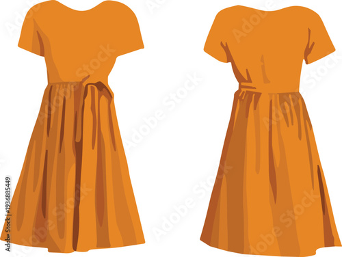 Orange dress illustration, short sleeve gown, knee length fashion, pleated skirt, fitted bodice, front back view, clothing design, apparel vector, sewing pattern