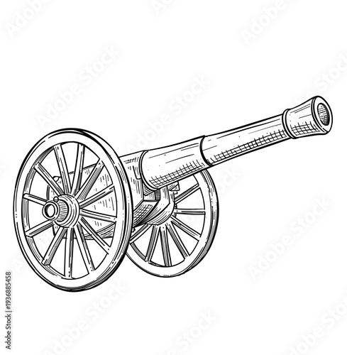 antique field cannon artillery vector line art hand drawn illustration