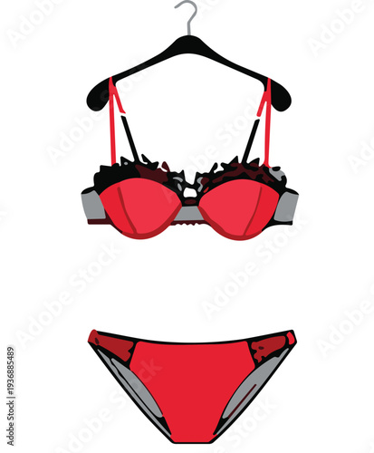 Red lingerie set, black lace bra, panties vector, fashion design, intimate wear, sexy outfit, clothing clipart, boutique style, romantic apparel, feminine icon