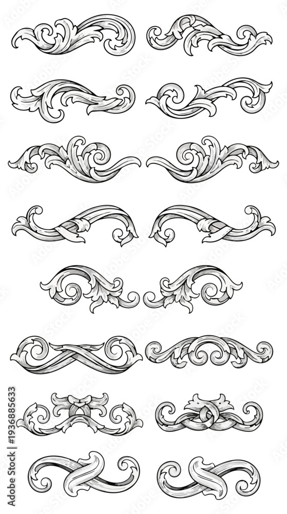 Fototapeta premium Elegant decorative floral scroll elements on black background