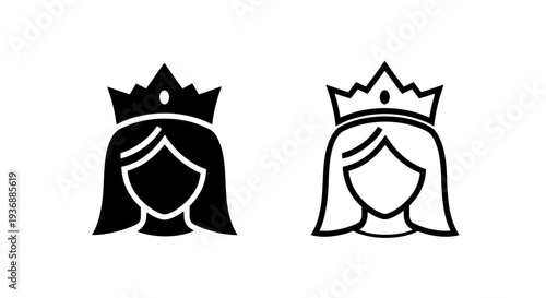 Queen Princess Head Icon with Crown, Royal Lady Avatar Symbol Silhouette Vector