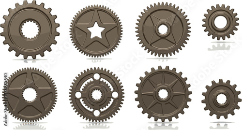 Metal gear wheels collection vector illustration featuring industrial cogwheels and mechanical sprockets in detailed flat engineering style isolated set