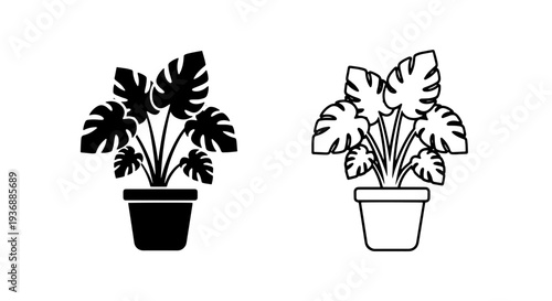Potted Monstera Plant Icon. Indoor Houseplant Home Decor Symbol Vector Illustration