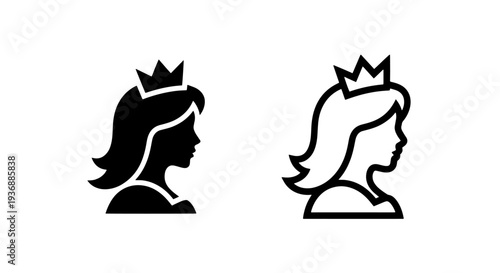 Queen or Princess Profile Icon: Side View of Elegant Female Figure with Crown