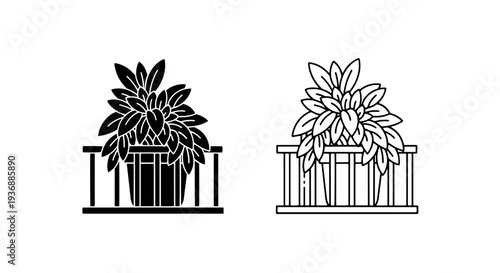 Balcony Plant Pot Icon: Urban Gardening Greenery on Railing in Solid and Outline Style