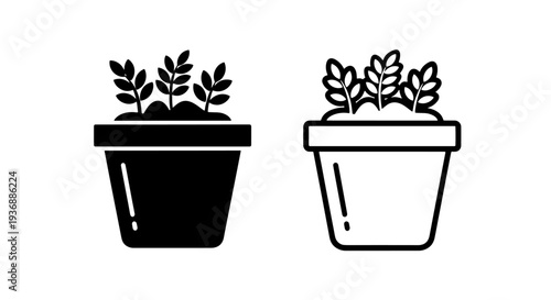 Fresh Potted Seedlings Icon Representing New Growth and Spring Season in Black and Outline Styles.
