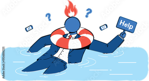Overwhelmed Businessman Drowning with Help Sign Vector Illustration Representing Burnout, Work Stress Crisis, Mental Overload and Need for Support Concept
