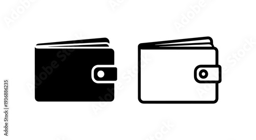 Modern Bi-Fold Wallet Icon for Financial Transactions and E-commerce Design in Solid and Outline Style.
