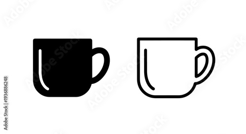 Simple Rounded Coffee Cup or Tea Mug Icon for Beverage and Kitchen Designs in Black and Outline Styles.