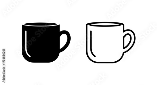 Simple Rounded Coffee Cup or Tea Mug Icon for Beverage and Kitchen Designs in Black and Outline Styles.