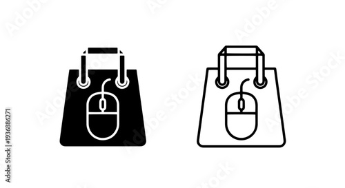 E-commerce Online Shopping Bag with Computer Mouse Icon for Digital Retail Concepts in Black and Outline.