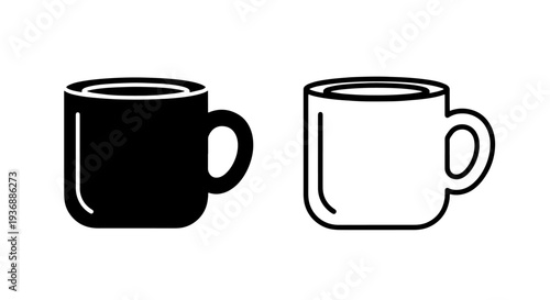 Simple Rounded Coffee Cup or Tea Mug Icon for Beverage and Kitchen Designs in Black and Outline Styles.