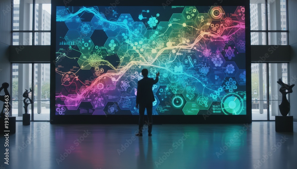 Fototapeta premium Medium shot of a person interacting with a vibrant large data visualization wall in a city hall lobby focusing on live civic statistics and colorful charts.