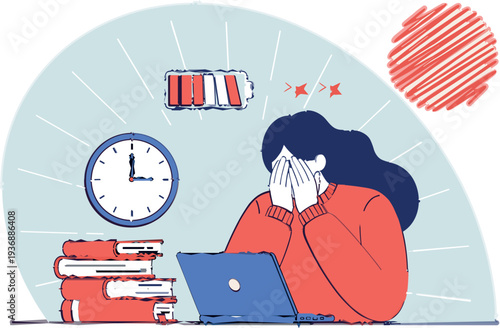 Overworked Student or Employee Feeling Mental Exhaustion with Low Battery Indicator Vector Illustration Showing Stress, Deadline Pressure and Productivity Fatigue Concept