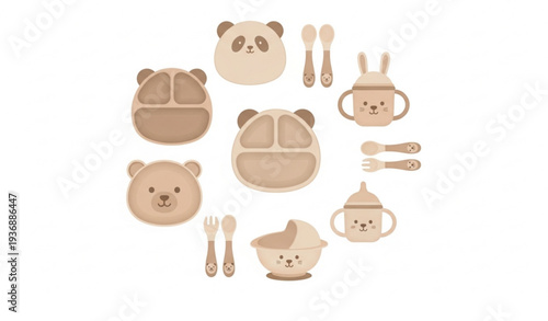 Baby feeding utensils flat vector collection with silicone plates bowls spoons forks and animal dishes