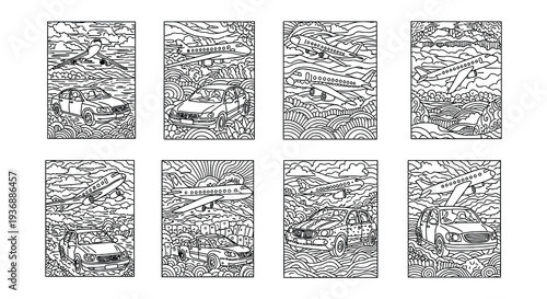 Nine panels displaying transportation planes cars and stylized backgrounds