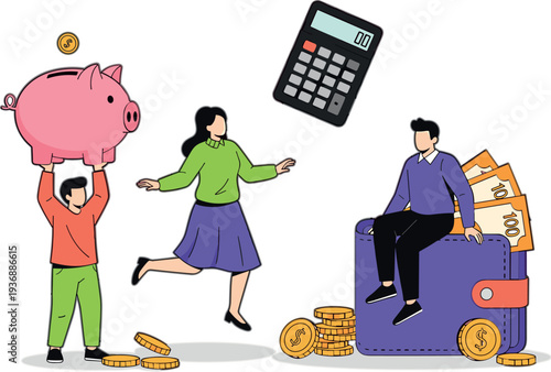 Personal Finance Savings and Budget Planning Concept Illustration with Piggy Bank Wallet Calculator Coins and People Managing Money Vector Design