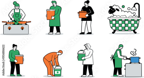 People Household Chores and Daily Activities Vector Illustration Set with Cooking Cleaning Laundry Bathing and Home Routine Tasks Flat Design