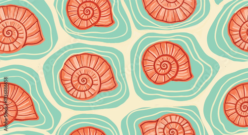 Seamless Coastal Pattern with Spiral Seashells and Ocean Wave Ripples