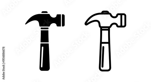 Hammer Tool Icon Set: Solid and Outline Black Vector Illustration for Construction and DIY Projects