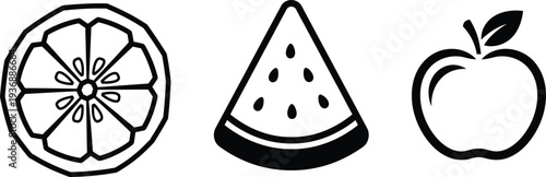 Black and white illustrations of a slice of citrus fruit a slice of watermelon and a whole apple