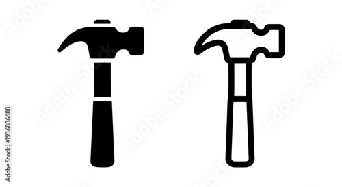 Classic Hammer Tool Icons: Solid and Outline Vector for Building and Repair Applications