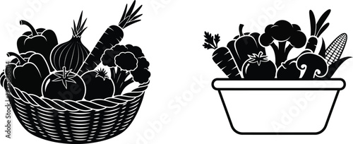 Two black and white illustrations of asparagus in a wicker basket and a pot