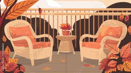 Inviting autumn escape with cozy patio and two wicker chairs, warm fall outdoor seating vector illustration isolated on white background