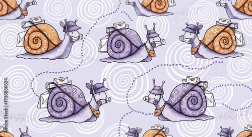 Seamless Snail Mail Pattern with Snail Postmen Delivering Letters and Envelopes