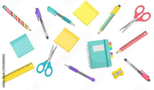 Colorful School Supplies Vector Illustration Playful Stationery Tools Isolated on White Background EPS10